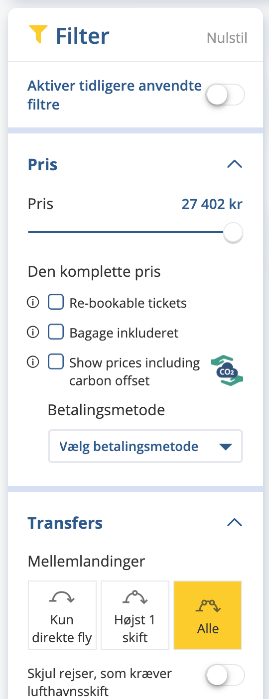 Filtre i søgeresultatet